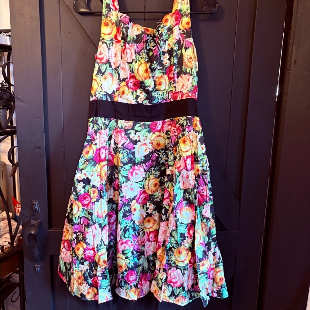 Black Floral Midi Dress with Multicolor Roses